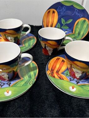 Sango Misono CAFE PARIS 8 Piece Cup Saucer Set 4 CUPS 4 SAUCERS 1994 Art Dec